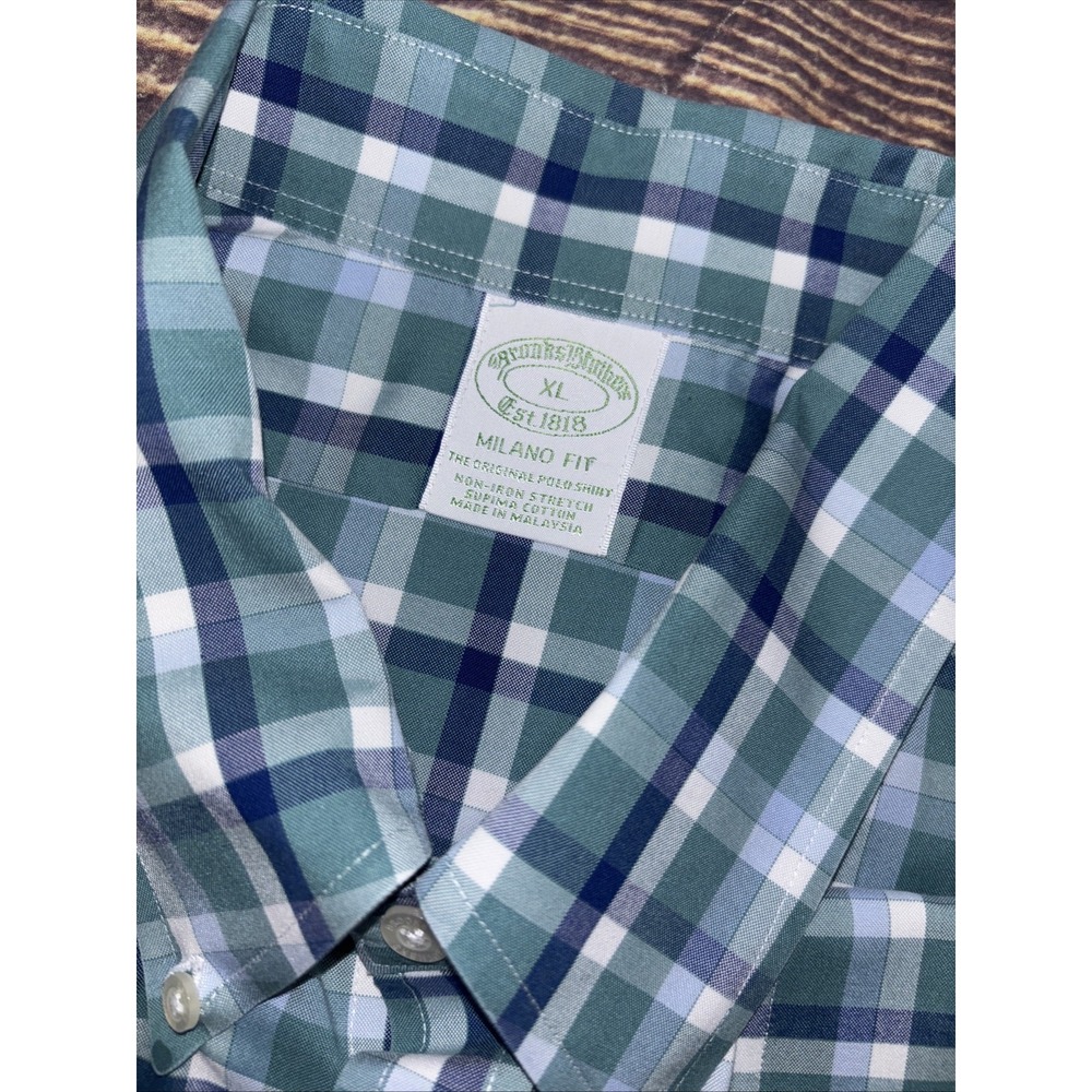 Brooks Brothers Shirt Mens  XL Milano Fit Blue Green Plaid Cotton Long Sleeve - Picture 2 of 7